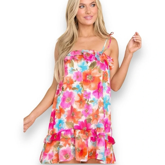 MINE Women's Vibrant‎ Floral Print Drop Waist Summer Dress Large | EUC - Picture 2 of 7